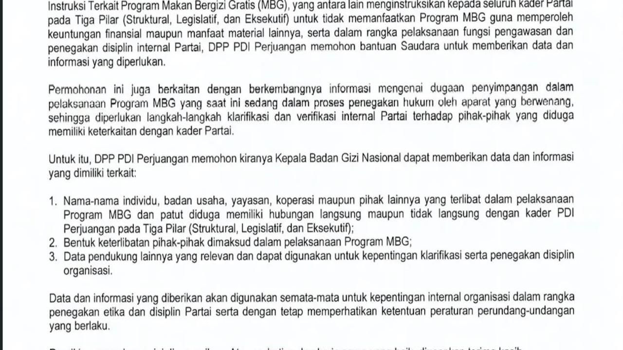 Salinan surat DPP PDIP tentang Permohonan Data dan Informasi Terkait Program Makan Bergizi Gratis (MBG). (Dok. Istimewa)