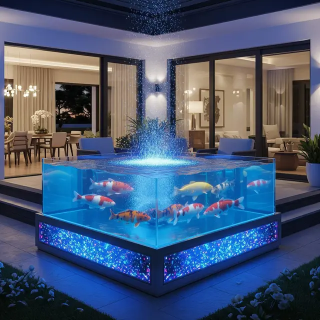 Ide Teras Rumah Luas dengan Kolam Ikan Mini di Sudut Depan