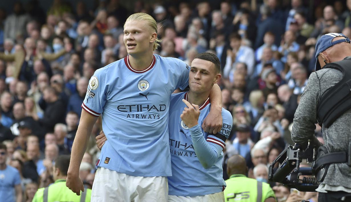 Kedua pemain juga berhasil mencatatkan rekor baru. Haaland berhasil menjadi pemain Liga Inggris pertama yang sukses mencetak hattrick dalam tiga laga kandang secara beruntun. Sementara itu, Phil Foden menjadi pemain termuda (22 tahun 127 hari) yang mampu mencetak 50 gol di bawah kepelatihan Pep Guardiola mengalahkan Lionel Messi (22 tahun 164 hari). (AP/Rui Vieira)