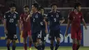 Bek Jepang, Higashi Shunki, merayakan gol yang dicetaknya ke gawang Timnas Indonesia pada laga AFC U-19 Championship di SUGBK, Jakarta, Minggu (25/10). (Bola.com/Vitalis Yogi Trisna)