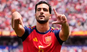 Pemain Spanyol Mikel Merino merayakan gol dalam laga perempat final Piala Dunia 2026 antara Spanyol vs Belgia di Inglewood, California, dekat Los Angeles, Jumat, 10 Juli 2026. (AP Photo/Mark J. Terrill)