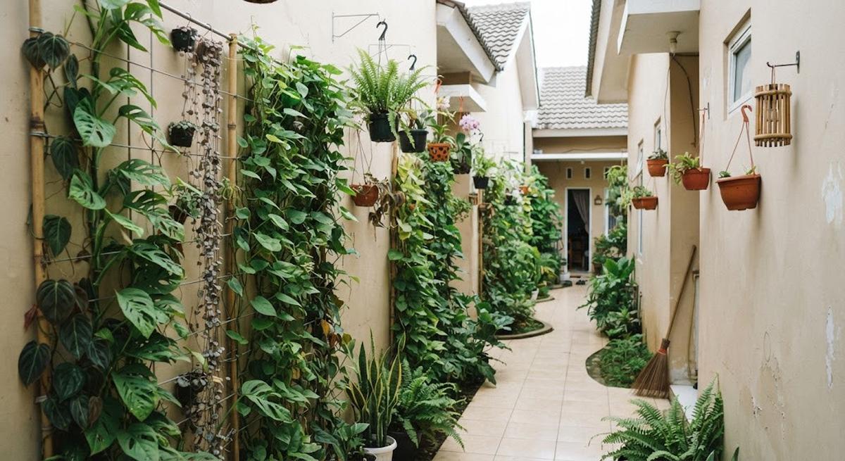 Cara mengubah lorong sempit menjadi taman hijau dengan hasil akhir rumah seperti di surga model menggunakan tanaman yang tumbuh ke atas