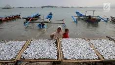 Warga menjemur ikan di kawasan Pasar Sumur Jaya, Pandeglang, Banten, Sabtu (3/8/2019). Aktivitas warga Kecamatan Sumur yang menjadi lokasi terdekat dari episentrum gempa Banten saat ini sudah kembali normal. (merdeka.com/Arie Basuki)