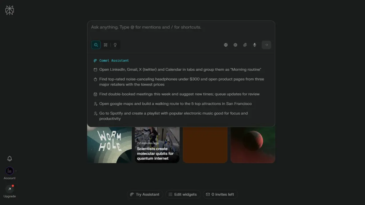 Tampilan beranda Comet AI desktop di Windows.
