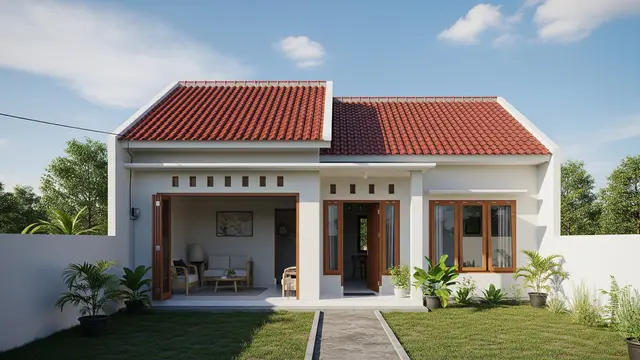 Rumah Minimalis Atap Genteng dengan Ruang Tamu Terbuka