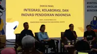 Nadiem Makarim, Sri Mulyani dan Budi sedang memberikan pengarahan dalam diskusi panel Konferesni Pendidikan Indonesia (dok Liputan6.com/Ossid Duha Jussas Salma)