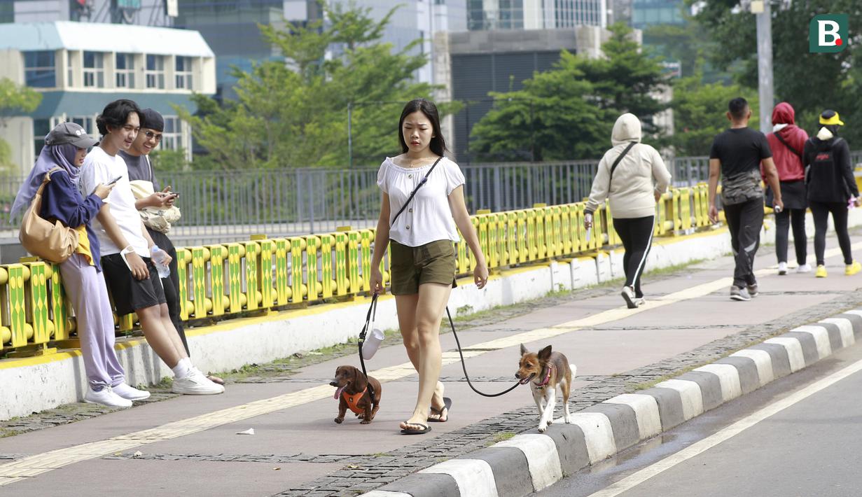 Seorang warga mengajak jalan-jalan anjing peliharaannya saat Car Free Day di Jakarta. (Bola.com/M Iqbal Ichsan)