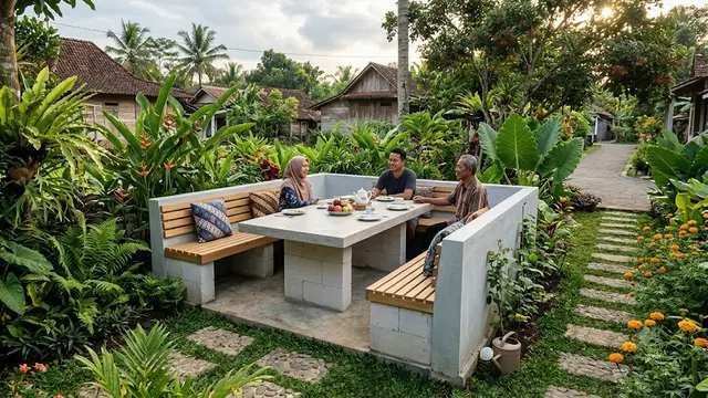Bangku dari Bata Ringan yang Menyatu dengan Taman dengan Konsep Outdoor Living Modern Model dengan Meja Permanen di Tengah Taman