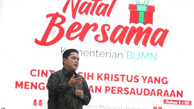 Menteri BUMN Erick Thohir di acara Perayaan Natal Bersama Kementerian BUMN di Lantai 21 Gedung Kementerian BUMN, Selasa, (25/1/2022). (Dok BUMN)