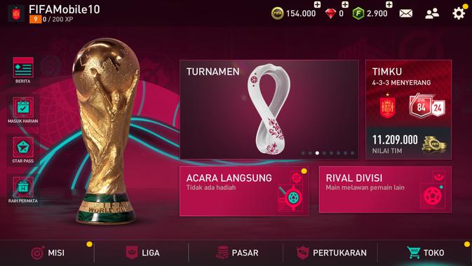 <p>Tampilan menu utama FIFA Mobile didesain untuk menyambut event World Cup 2022. (Doc: EA Sports)</p>