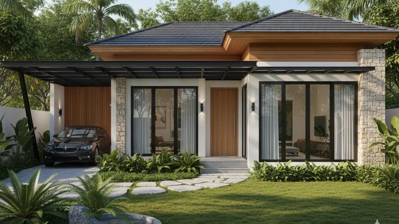 Rumah Minimalis Bentuk L Tampak Depan dengan Sentuhan Modern Tropis