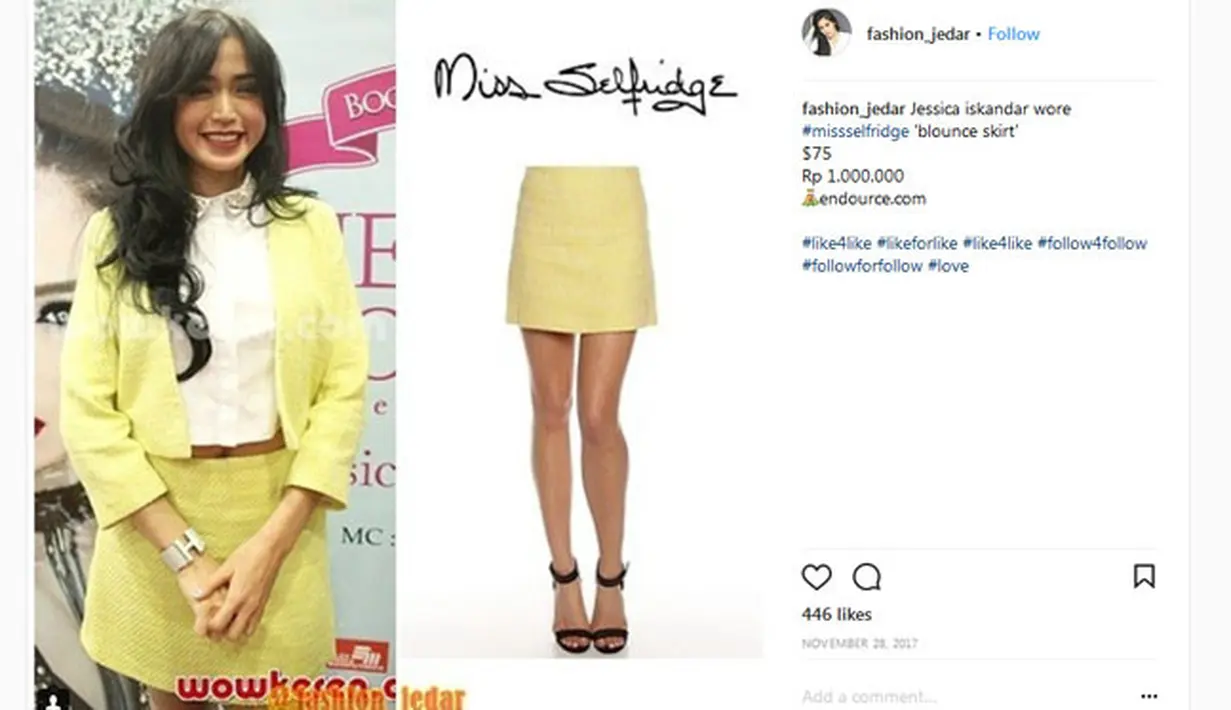 Untuk kali ini mengintip harga outfit Jedar yang berwarna kuning ini. Pertama, untuk mini skirtnya bernilai Rp. 1000.000. (Instagram/fashion_jedar)