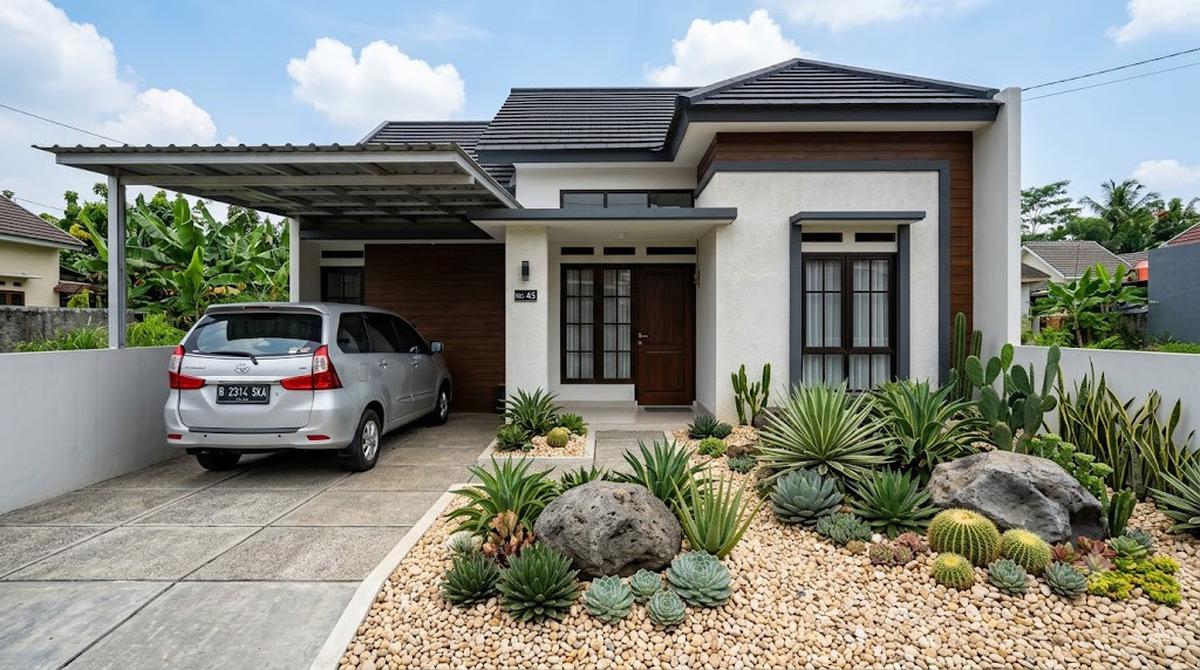 Carport dengan Taman Sukulen dan Kaktus
