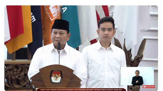 Prabowo Subianto didampingi Gibran Rakabuming Raka menyampaikan pidato usai resmi ditetapkan Komisi Pemilihan Umum Republik Indonesia (KPU RI) sebagai Presiden dan Wakil Presiden Terpilih 2024.
