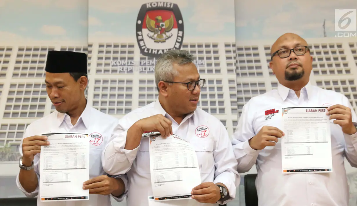 Ketua KPU, Arief Budiman saat rilis Caleg Berstatus Mantan Terpidana Korupsi pada Pemilu 2019 di Jakarta, Rabu (30/1). Ada 49 Caleg Berstatus Mantan Terpidana Korupsi terdaftar di DPT DPD, DPRD Provinsi, DPRD Kab/Kota. (Liputan6.com/Helmi Fithriansyah)