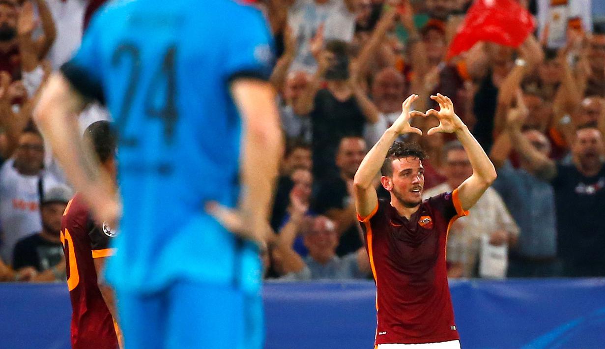 Alessandro Florenzi merayakan golnya ke gawang Barcelona dalam laga di Grup E Liga Champions di Stadion Olimpico, Kamis (17/9/2015) dini hari WIB. (Reuters/Tony Gentile)