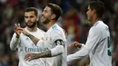 Para pemain Real Madrid merayakan gol saat melawan Eibar pada lanjutan La Liga Santander di Santiago Bernabeu stadium, Madrid, (22/10/2017). Madrid menang 3-0. (AFP/Pierre-Philippe Marcou)