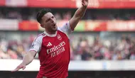 Selebrasi Declan Rice dalam laga Premier League antara Arsenal vs Newcastle, Minggu (18/5/2025). (AP Photo/Kirsty Wigglesworth)