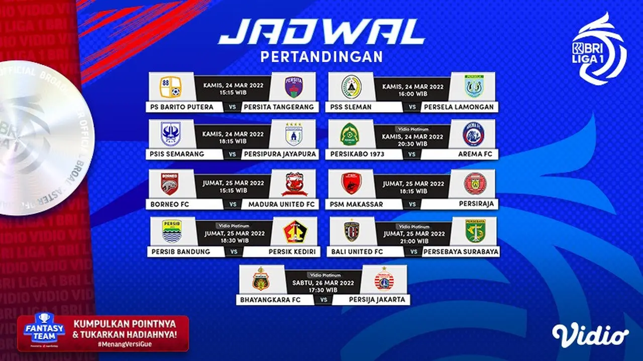 Jadwal Resmi dan Live Streaming BRI Liga 1 Pekan ke-33 di Vidio!