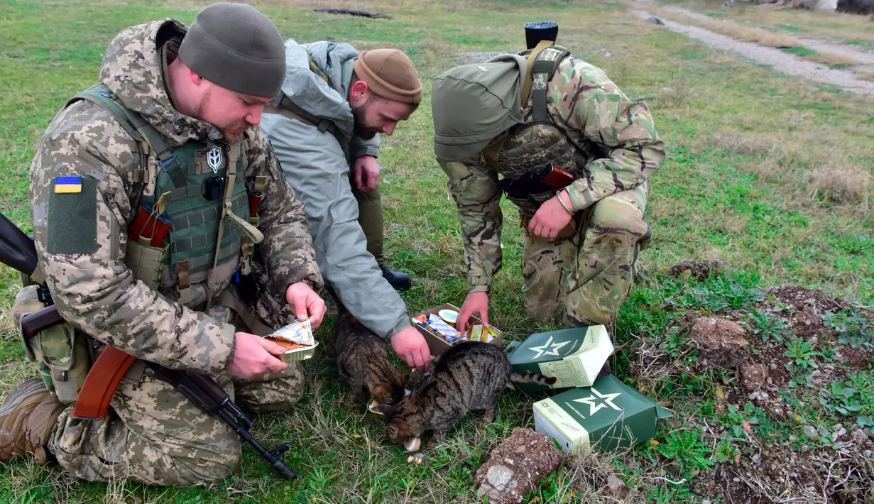 Tentara Ukraina memberi makan kucing dengan ransum kering Rusia di Pulau Ular, Laut Hitam, Ukraina, 18 Desember 2022. Pasukan Rusia menduduki pulau itu pada awal-awal invasinya ke Ukraina, namun akhirnya mundur beberapa bulan kemudian. (AP Photo/Michael Shtekel)