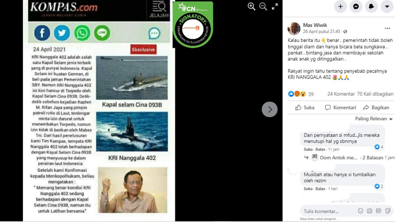 Cek Fakta Liputan6.com menelusuri klaim KRI Nanggala 402 hancur diterpedo Kapal Selam China 093B dalam artikel Kompas.com