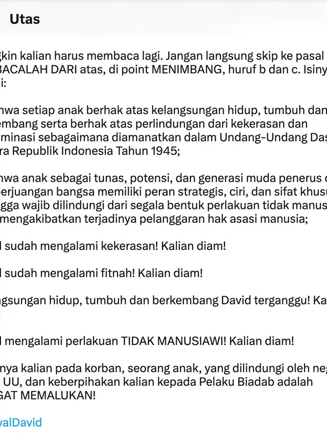 Surat terbuka paman David Ozora, Alto Luger, menulis surat terbuka untuk KPAI di akun Twitter pribadinya, Selasa (18/4/2023). (Foto: Dok. Twitter @AltoLuger)