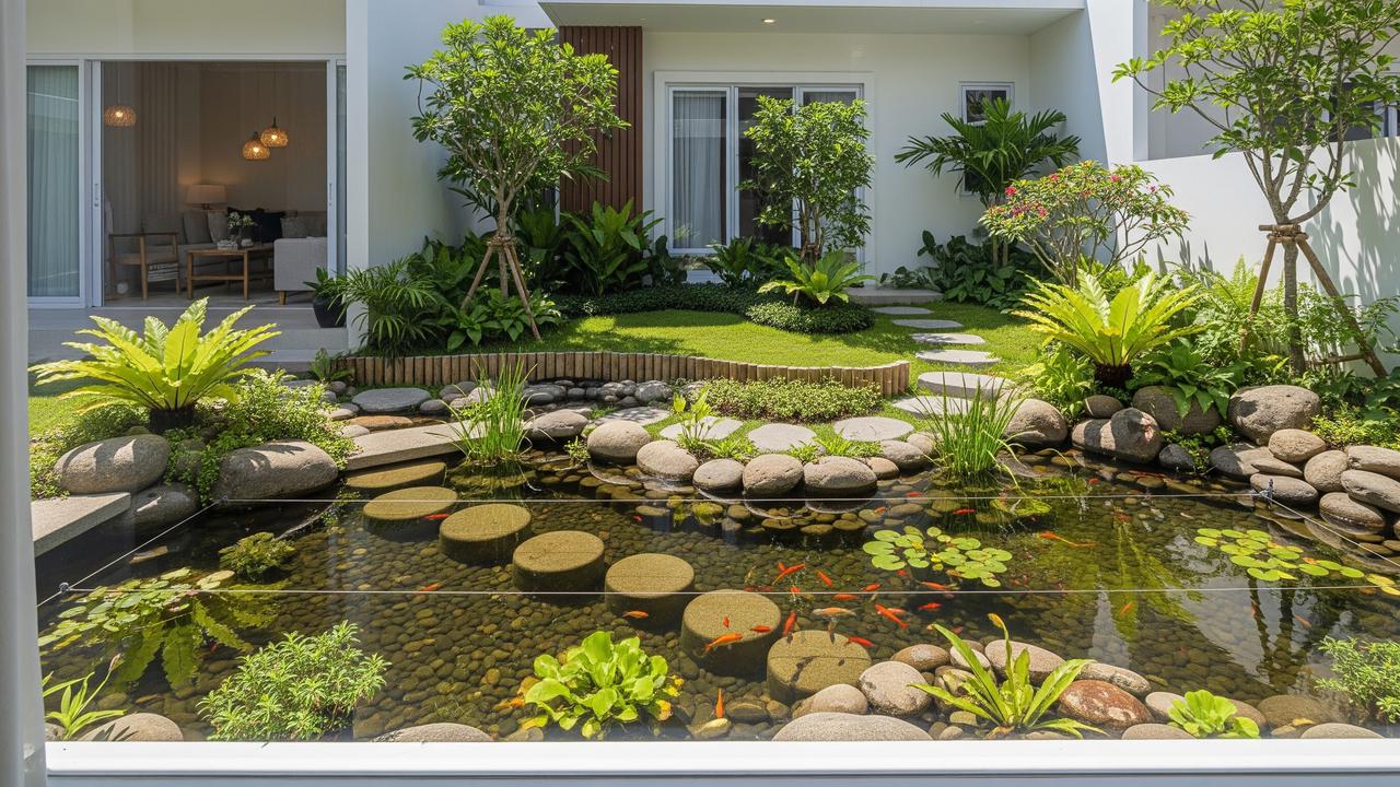 Desain Kolam Ikan Ramah Anak di Rumah Minimalis Model Kolam Ikan Menghadap Ruang Keluarga