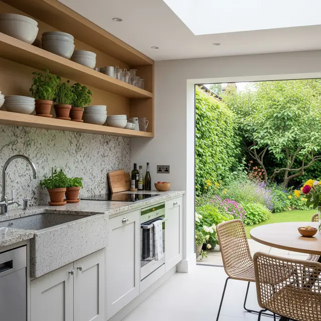 Dapur Kecil dengan Rak Terbuka dan Warna Netral (Image by Gemini AI)