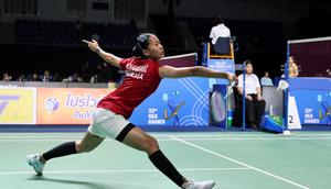 Putri Kusuma Wardani berhasil mengalahkan wakil Malaysia, Letshanaa Karupathevan, pada partai semifinal bulutangkis beregu putri SEA Games 2025 di Thammasat University Rangsit Campus, Pathum Thani, Thailand, Senin (8/12/2025) siang WIB. Berkat kontribusi Putri, Tim Bulutangkis Putri Indonesia menang 3-2 atas Malaysia. (dok. PBSI)