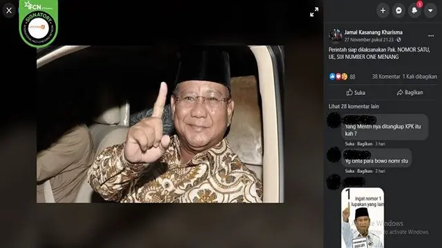 Gambar Tangkapan Layar Foto Prabowo Subianto Angkat Jari Telunjuk (sumber: Facebook)