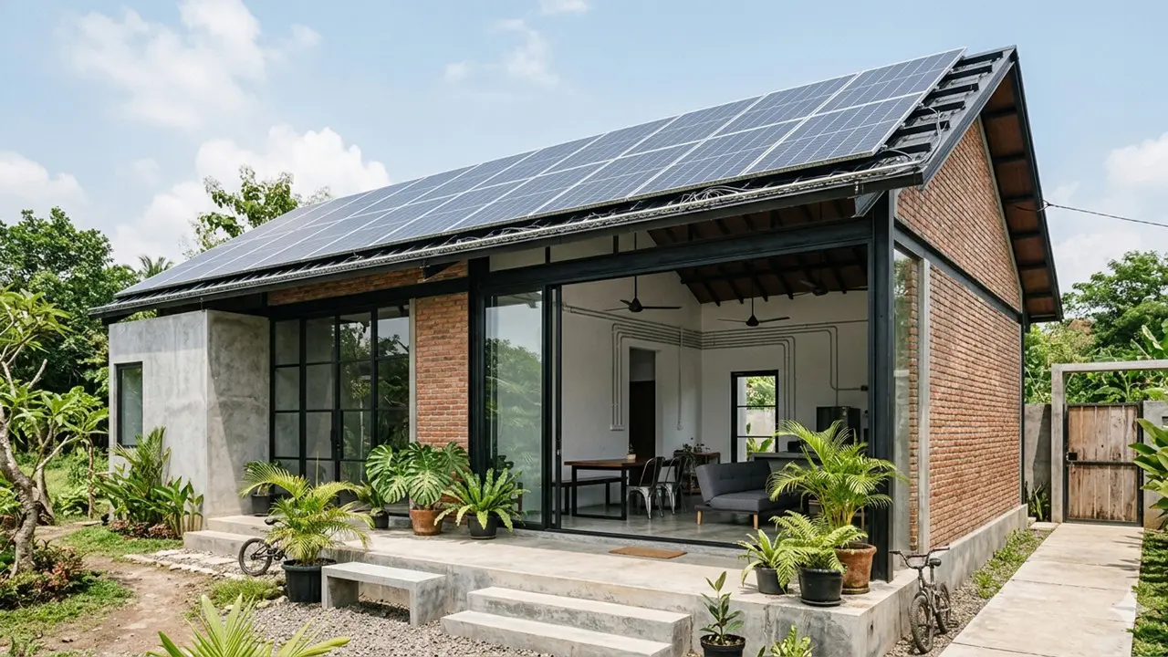 Rumah 1 Lantai dengan Atap Panel Surya