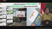 Menteri Keuangan (Menkeu) Sri Mulyani Indrawati dalam acara Penyerahan Daftar Isian Pelaksanaan Anggaran (DIPA) dan Buku Alokasi Transfer Ke Daerah Tahun Anggaran 2024 di Istana Negara di Jakarta, Rabu (29/11/2023).