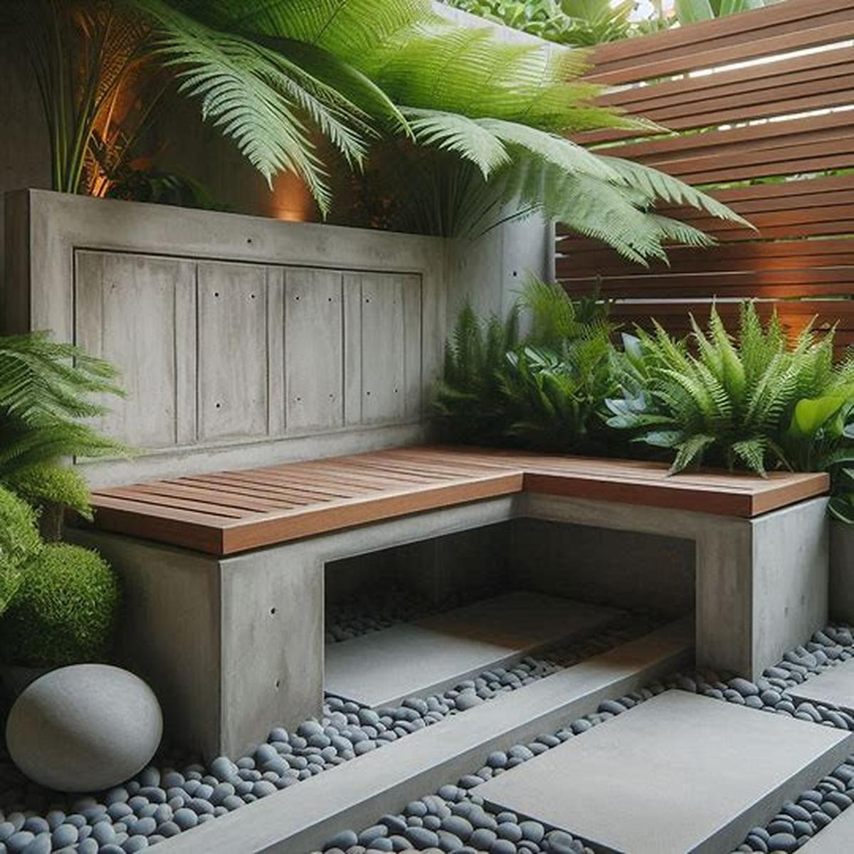 Bangku Taman Beton dengan Nuansa Kayu