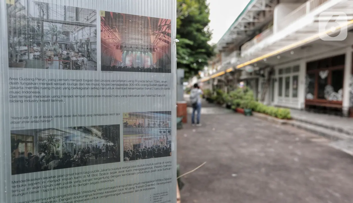 Suasana sunyi sepi tampak di kawasan M Bloc, Jakarta, Rabu (10/6/2020). Tempat yang  hits bagi anak muda ini terlihat masih belum Kembali Normal di PSBB Masa Transisi ini. (Liputan6.com/Johan Tallo)