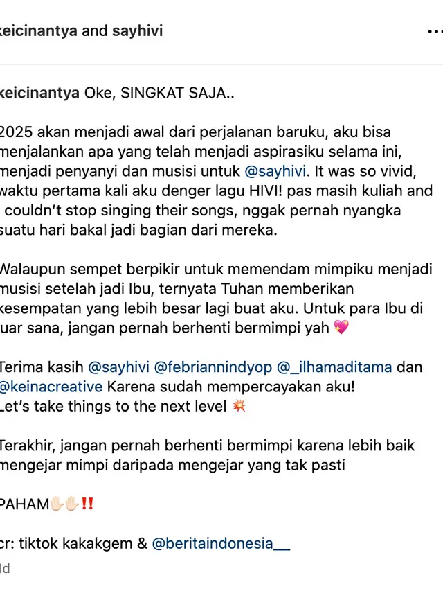 Unggahan Keisha Cinantya. (Foto: Dok. Instagram @keicinantya)