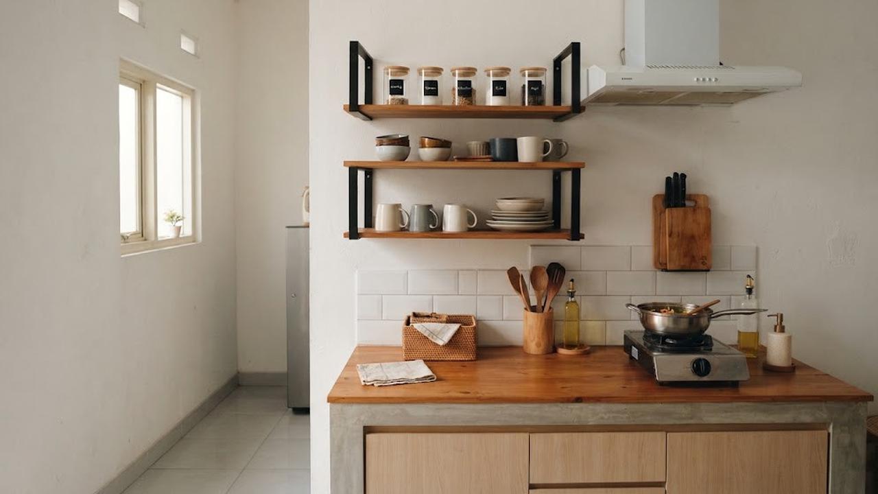 Tempat penyimpanan dapur minimalis modern yang cocok untuk rumah tipe kecil model rak dinding untuk barang yang sering dipakai