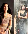 Untuk upacara Sangeet, Radhika Merchant  mengenakan lehenga krem ​​dan emas yang menampilkan blus bahu terbuka yang dihiasi kristal Swarovski, keliman pendek, dan desain yang pas dari rancangan Abu Jani Sandeep Khosla. [@rheakapoor].