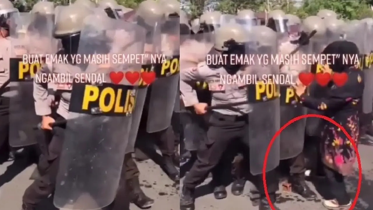emak-emak ambil sandal di tengah barikade polisi