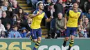 Aaron Ramsey melakukan selebrasi gol. Ia telah tampil 150 kali bagi Arsenal