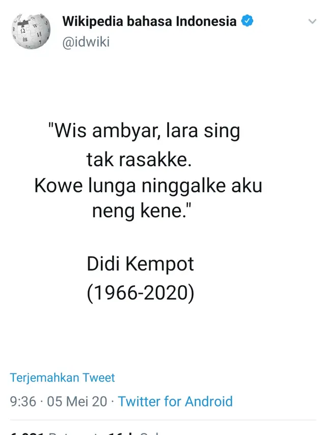 Unggahan Wikipedia Indonesia. (Foto: Twitter @idwiki)