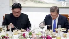 Foto-foto jamuan makan malam antara Kim Jong Un dan Presiden Korea Selatan, Moon Jae In beredar ke publik.