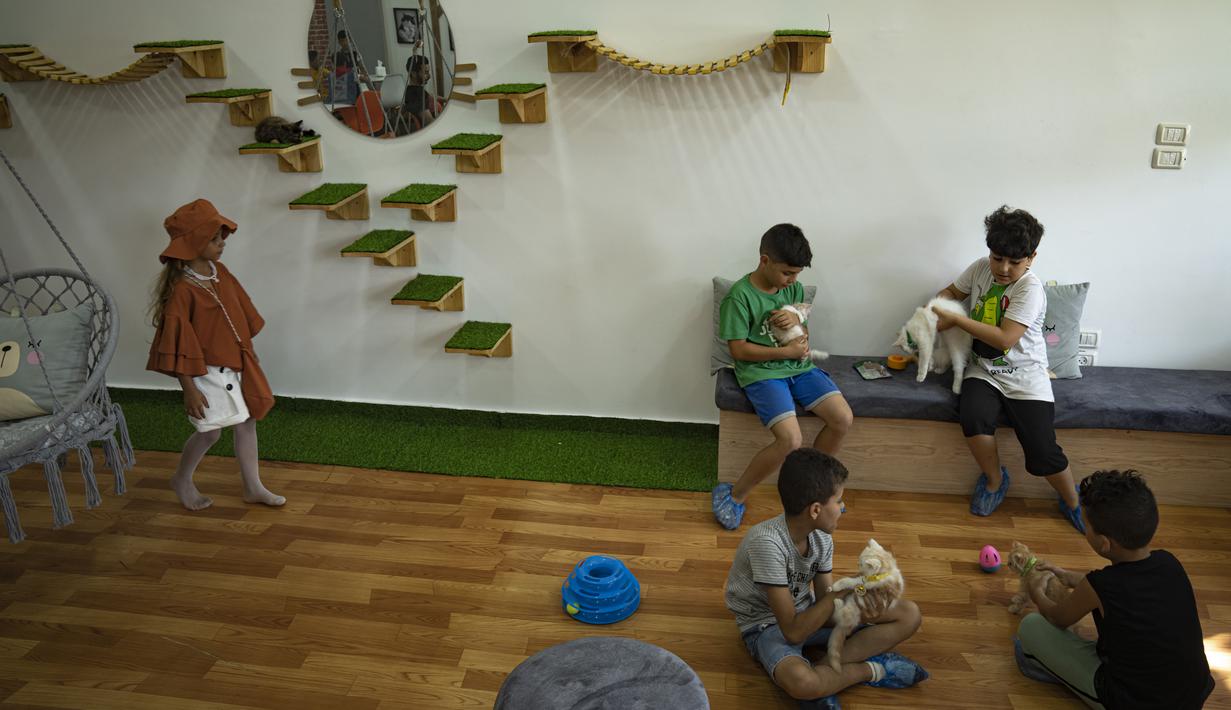 Pendiri kafe, Naema Mabed, 52 tahun, mengatakan kepada Associated Press bahwa ia membayangkan tempat ini sebagai tempat pelarian yang unik dari tekanan hidup di Gaza. (AP Photo/Fatima Shbair)