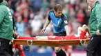 Middlesbrough's midfielder Stewart Downing is stretchered off after a tackle by Aston Villa's midfielder Stiliyan Petrov during EPL at the Riverside Stadium, Middlesbrough on May 16, 2009. AFP PHOTO/GRAHAM STUART