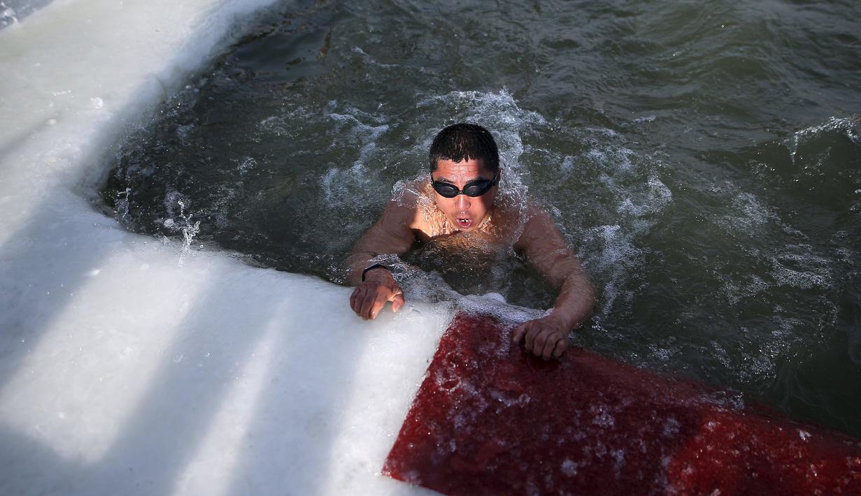 Peserta menggapai finish saat mengikuti kompetisi renang di sungai Songhua yang membeku di Provinsi Heilongjiang, Senin (5/1/2016). Acara ini diselengarakan dalam rangka pembukaan Harbin International Ice and Snow Sculpture Festival (REUTERS/Aly Song)