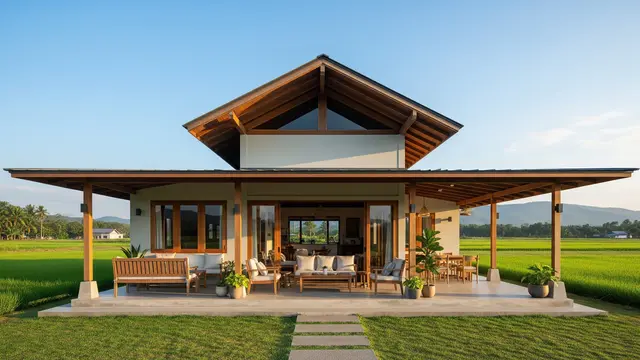 Desain Rumah Minimalis dengan Atap Limasan dan Teras Lebar/Gemini AI