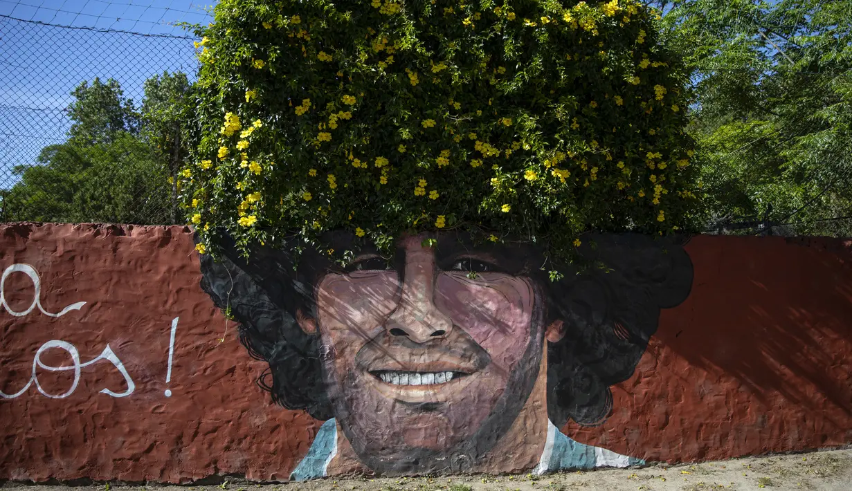 Sebuah mural dari mendiang legenda sepak bola dunia, Diego Maradona menghiasi yayasan "Lugar del Sol" untuk anak-anak miskin di Buenos Aires, Argentina, Rabu (24/11/2021). Peringatan pertama kematian Maradona digelar pada 25 November 2021. (AP Photo/Rodrigo Abd)