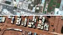 <p>Kombinasi citra satelit dari Maxar Technologies ini menunjukkan lingkungan Derna, Libya, pada 1 Juli 2023, teratas, dan daerah yang terkena dampak banjir yang sama pada Rabu, 13 September 2023. Kehancuran terjadi di Derna dan wilayah lain di Libya timur pada Minggu malam, 10 September 2023. (Satellite image &copy;2023 Maxar Technologies via AP)</p>