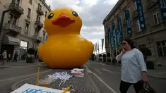 Sebuah bebek karet diletakkan sekelompok orang di Beograd, Serbia, Selasa (25/4). Demonstran mengkritik rencana tepi laut Belgrade yang telah melakukan pembongkaran misterius satu tahun yang lalu. (AP Photo / Darko Vojinovic)