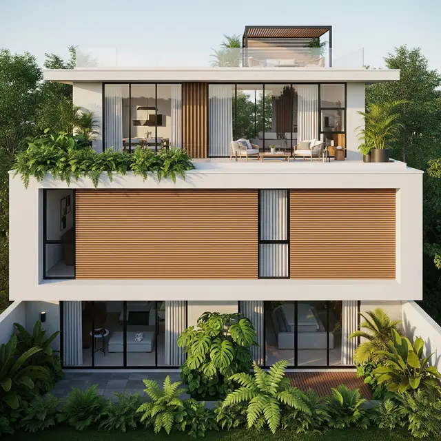 Model Rumah Minimalis Modern dengan Atap Datar dan Rooftop (Image by Gemini AI)