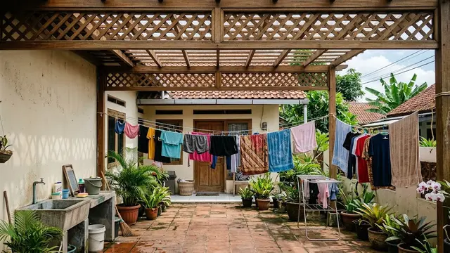 Desain Ruang Jemur di Belakang Rumah dengan Atap Kisi-Kisi